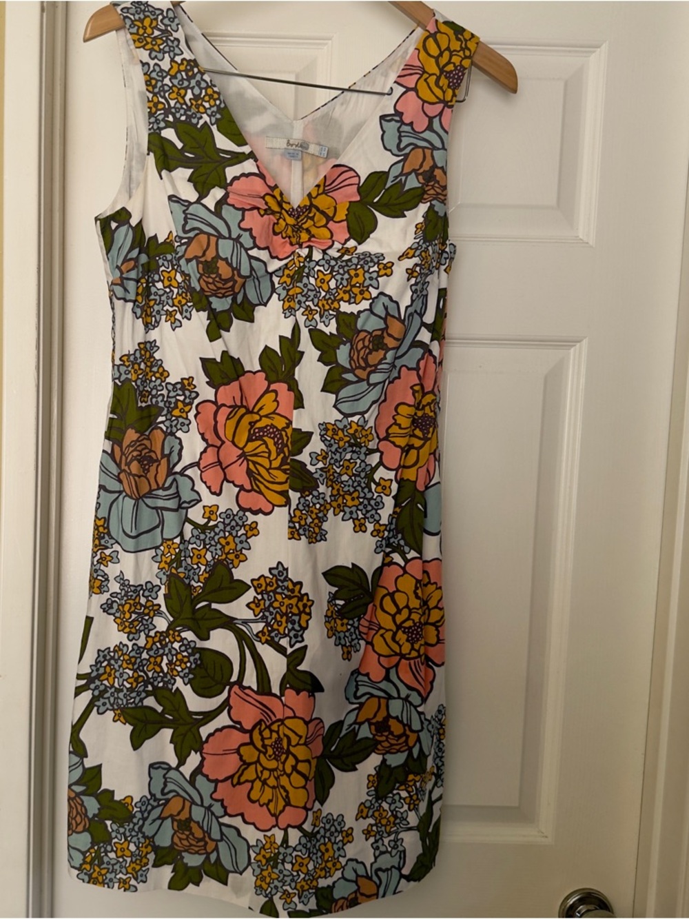 Boden White V-Neck Midi Dress with Pink, Yellow, Blue & Green Floral Print S8